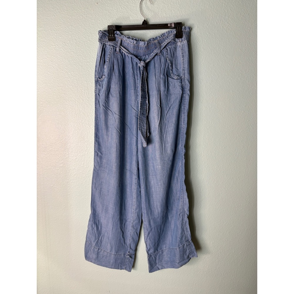 Knox Rose Womens Large Wide Leg Paperbag Pants Blue Lyocell Chambray Boho Lounge